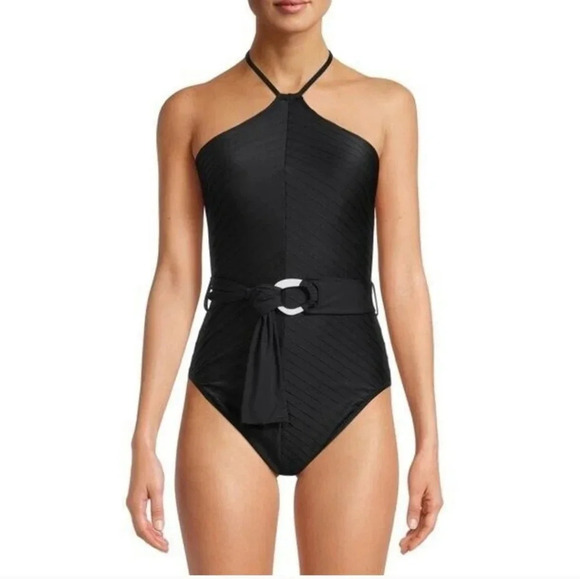 NEW Time and Tru Women's Chevron Halter One Piece Swimsuit With Belt Black Sz M - Picture 2 of 9